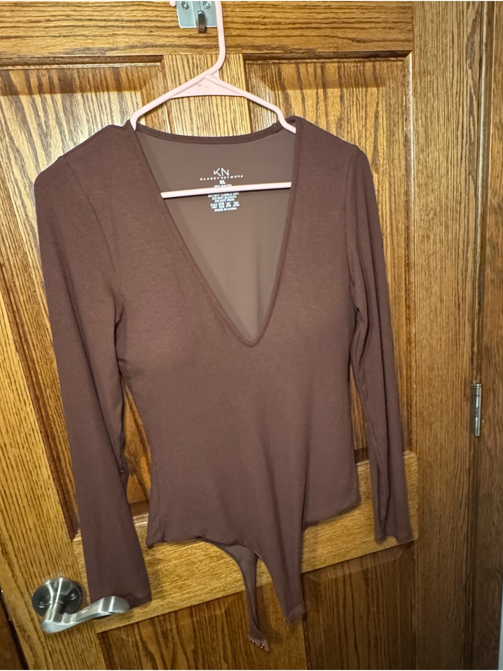 KN Brown Deep V-Neck Long Sleeve Bodysuit